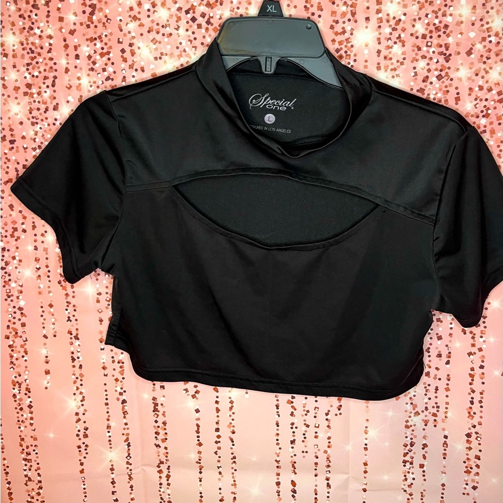 BLACK JERSEY HIGH NECK CUT OUT CROP TOP